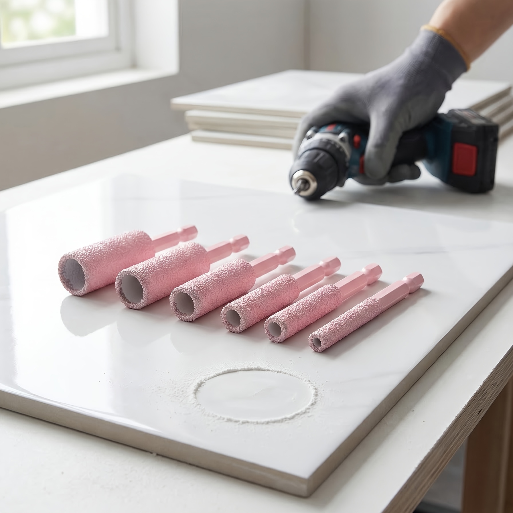 Pink diamond core drill bits in a workshop scene